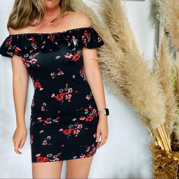 REBECCA TAYLOR Black Floral Ruffle Off Shoulder Bodycon Marguerite Mini Dress M - Picture 2 of 8